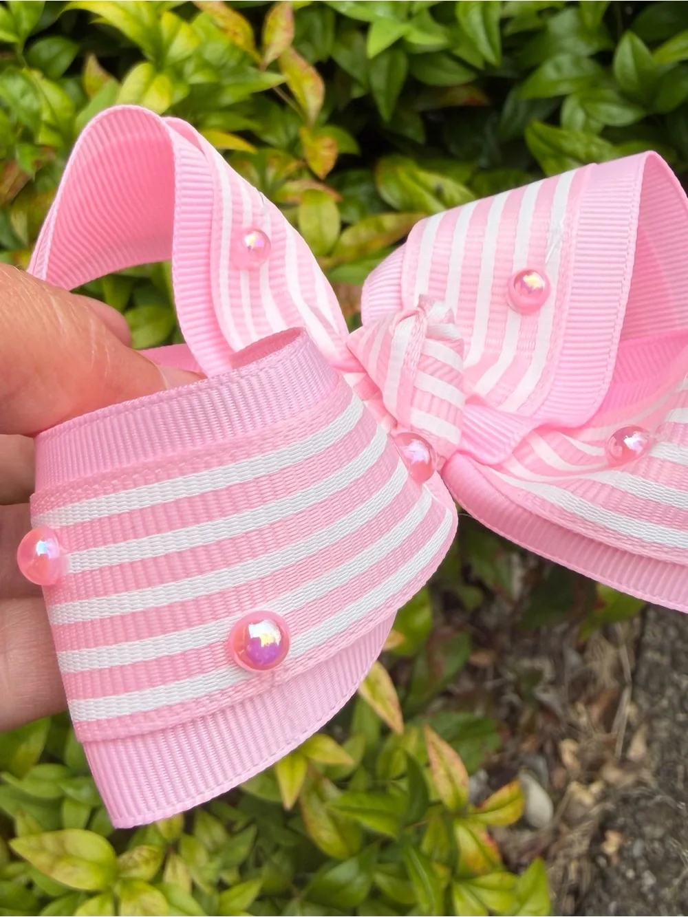 Pink Striped Bow Hair Clip with Pink Rhinestones